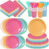 Zhehao 175 Pcs Candy Colors Party Supplies Set Colorful Disposable Tableware Kit with
