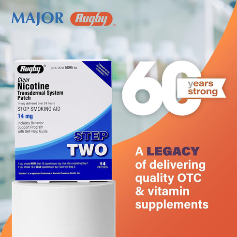 Rugby Clear Nicotine Patches - Transdermal System Patch for Smoking or Vaping Quitting Aid - Step 2-14mg - 14 Count