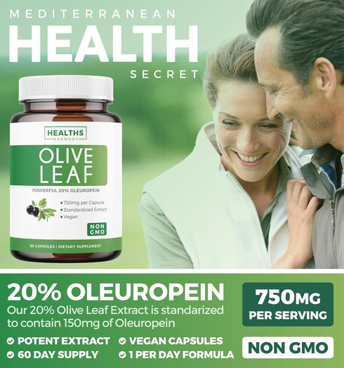 Olive Leaf Extract (Non-GMO) Super Strength, 750mg, 60 Capsules - Immune Support, Skin Health, Antioxidants