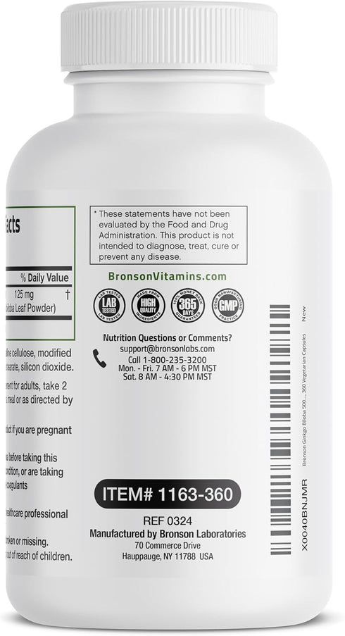 Bronson Ginkgo Biloba Extra, Supports Brain Function & Memory - 360 Vegetarian Capsules