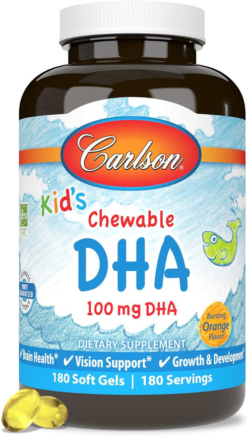 Carlson Kid's Chewable DHA - 100 mg DHA for Brain Health, Vision Function, Orange, 180 Chewable Softgels