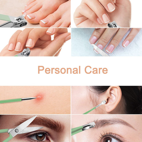 Manicure Set - 7 Pieces Professional Travel Nail Clippers with Green Leather Bag, Stainless Steel Nail Care Tools