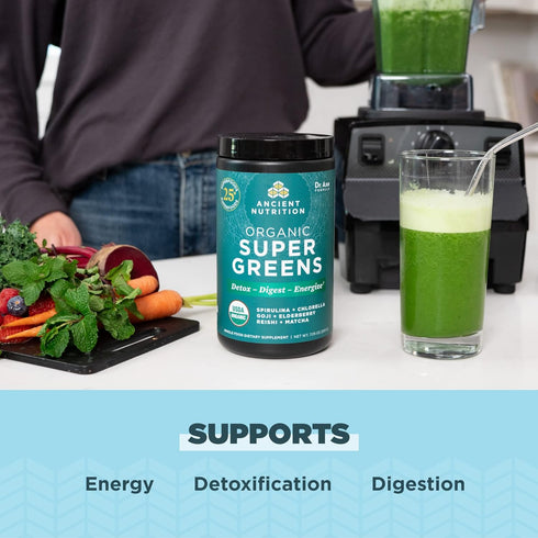Ancient Nutrition Super Greens Powder, Organic Superfood with Probiotics, Spirulina, Chlorella, Matcha, 25 Servings