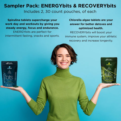 ENERGYbits/RECOVERYbits Organic Spirulina & Chlorella Tablets, Vegan, Keto, Gluten Free, 4 Bags, 30/Bag