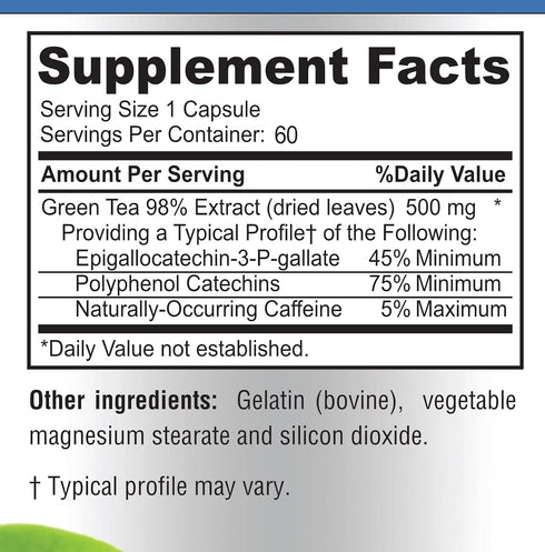 Green Tea Extract 98% - 3X Strength, 75% Polyphenol Catechins, 60 Capsules Super Antioxidant