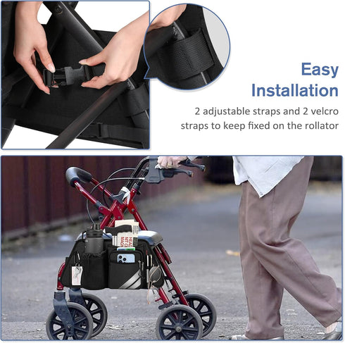 FINPAC Rollator Side Storage Bag with Cup Holder for Bariatric Walkers, Wheelchairs - Rollator Attachment Organizer