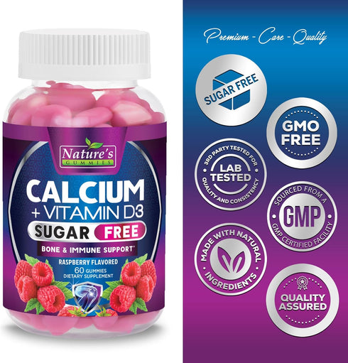 Sugar Free Calcium Gummy Bites Plus 400 IU Vitamin D3, 60 Gummies, Bone Health & Immune Support, Non-GMO, Berry Flavor