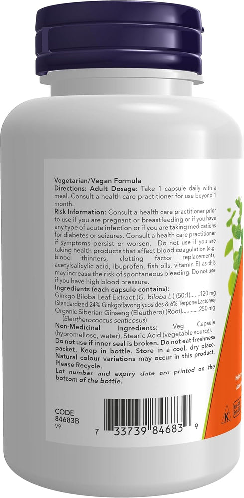 NOW Supplements Ginkgo Biloba 120 mg, 100 Veg Capsules, Double Strength, Non-GMO Project Verified