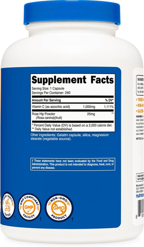 Nutricost Vitamin C with Rose Hips 1025mg, 240 Capsules, Non-GMO Supplement