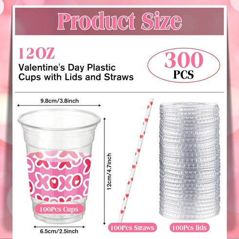 Yaomiao 300 12 oz Set Pcs Valentine's Day Plastic Party Cups with Lids and Straw Valentine's Day Plastic Cup Heart