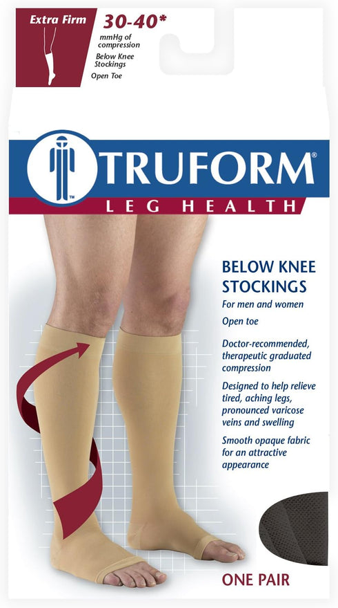 Truform Compression Stockings 30-40 mmHg, Knee High, Open Toe, Black, Small