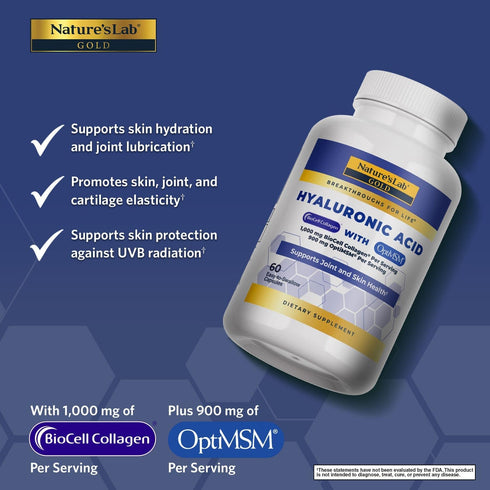 Nature's Lab Hyaluronic Acid with Biocell Collagen and MSM - 60 Capsules for Skin Hydration, Joint Health