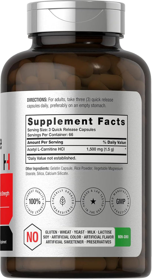 Horbaach Acetyl L-Carnitine 1500mg | 200 Capsules | Extra Strength ALCAR Supplement