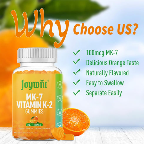 Vitamin K2 MK-7 Gummies 100mcg, Extra Strength Chewable Natural Orange Flavor, Non-GMO, Vegan, 60 Counts