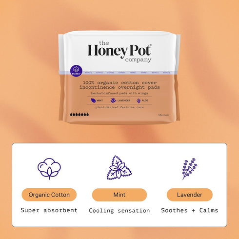 The Honey Pot Company Herbal Pads for Women, Organic Incontinence Overnight Pads with Wings, Cooling Effect, 16 Count