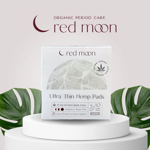 Red Moon (Pack 10) Ultra Thin Hemp Pads of Sanitary Pads for Women, Menstrual Pads- White
