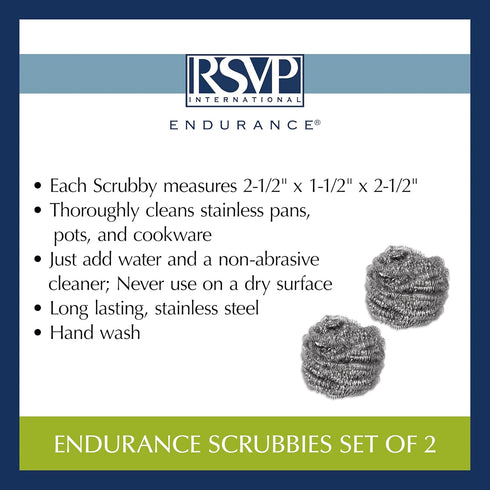 RSVP International Endurance Cleaning Collection - 2 Piece Stainless Steel Scrubbies, Long Lasting, Non-Rusting