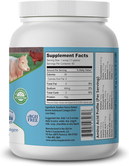 Perfect Supplements Unflavored Hydrolyzed Collagen Powder for Men and Women - 660 Grams