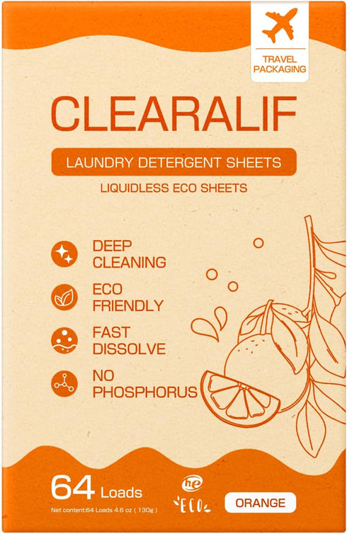 CLEARALIF Laundry Detergent Sheets, Eco Friendly & Hypoallergenic, Orange, 64 Load, CLEARALIF Strips
