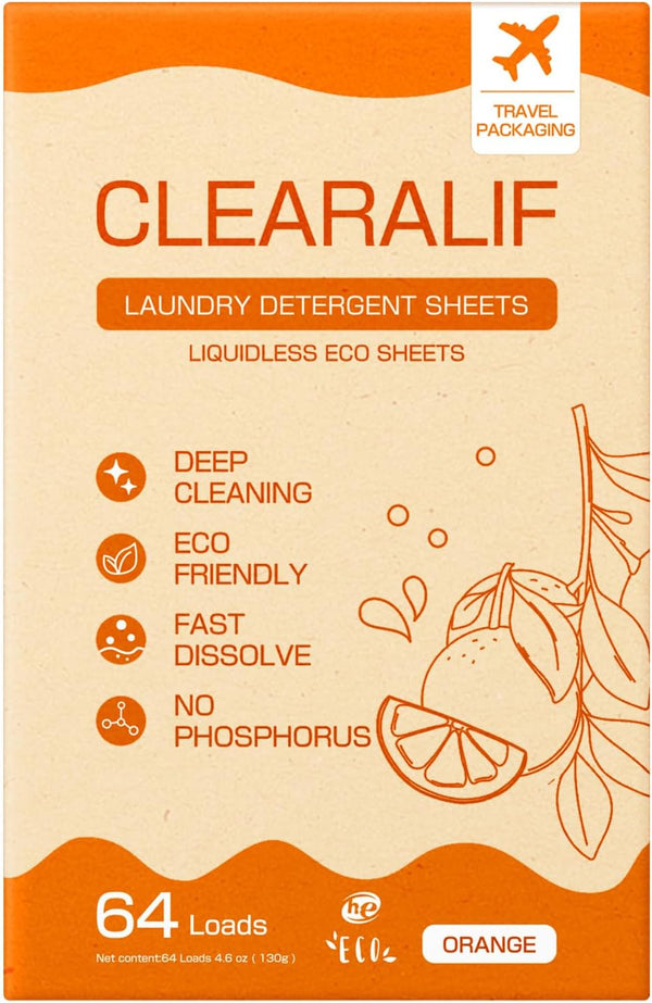 CLEARALIF Laundry Detergent Sheets, Eco Friendly & Hypoallergenic, Orange, 64 Load, CLEARALIF Strips