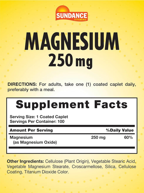 Magnesium 250mg | 100 Caplets | Essential Mineral Formula | Vegetarian, Non-GMO, and Gluten Free Supplement | by Sundance