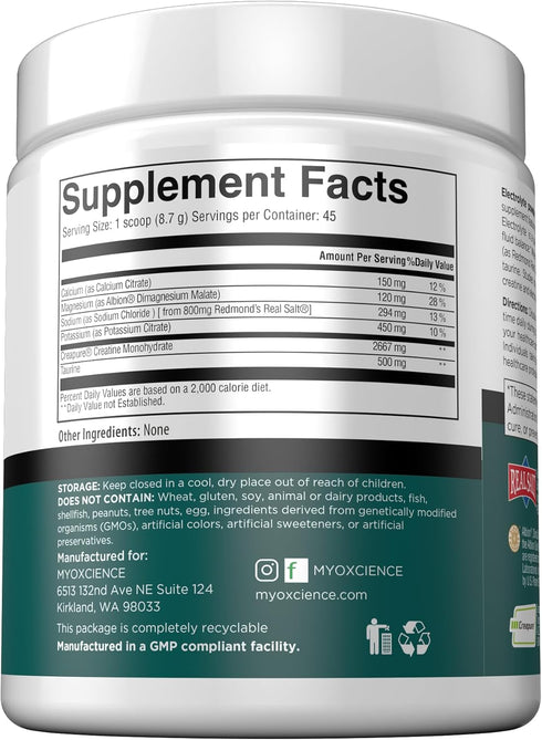 MYOXCIENCE Electrolyte Stix, Creatine Electrolyte Powder, Unflavored Jar, 45 ct for Recovery & Muscle Development