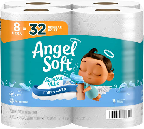 Angel Soft Toilet Paper, 8 Mega Rolls = 32 Regular Rolls, Soft and Strong, Fresh Linen Scented Tube