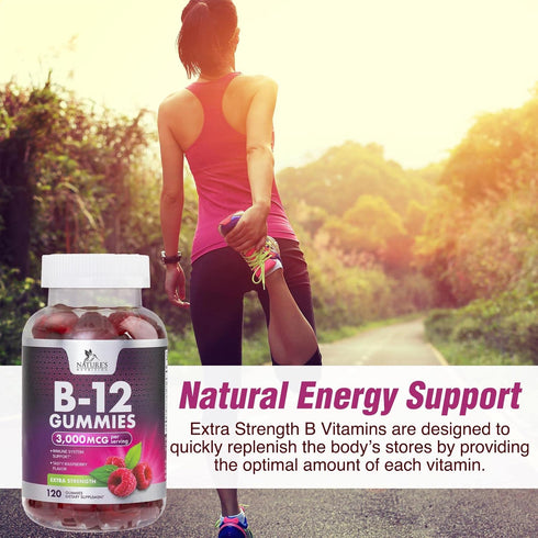 B12 Energy Gummy, Extra Strength 3000 mcg Vitamin B12, Chewable Supplement for Adults & Kids, Immune System Support,