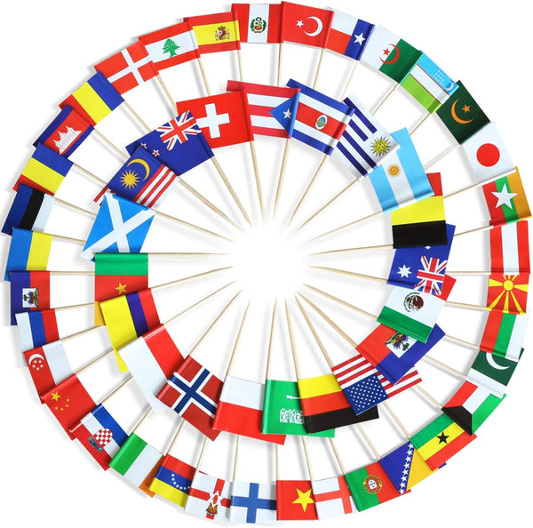 Anley Assorted 100 Different Countries Toothpick Flag, Vivid Double Sided Print & Solid Smooth Pick for Party