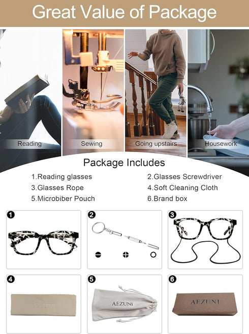 AEZUNI 6.0 Designer Reading Glasses for Women, Strong Reader 600 for Lady (1.0 to 6.0)