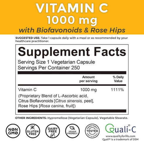 Viva Naturals Vitamin C 1000mg, Non-GMO Supplements with Citrus Bioflavonoids & Rose HIPS for Immune Support