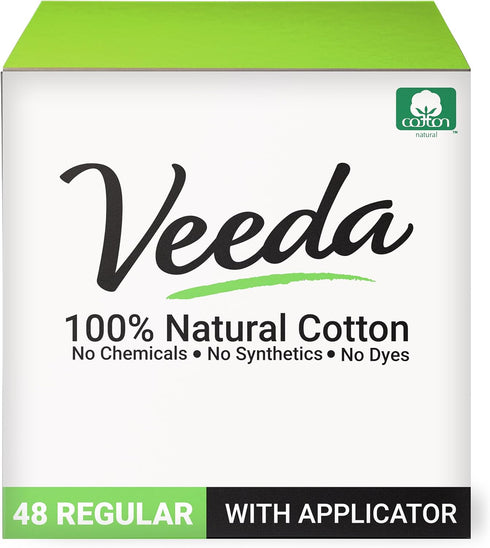 Veeda 100% Natural Cotton Tampons - Regular Absorbency, Unscented, 48 Count with Compact BPA-Free Applicator