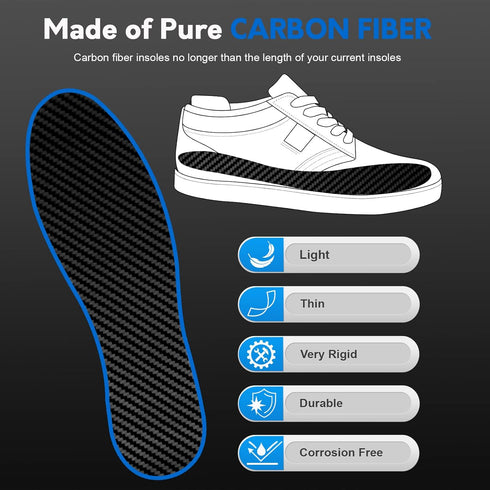 Carbon Fiber Insole, 1 Pair, Rigid Shoe Insert for Foot Fractures, Arthritis, Turf Toe, Hallux Limitus