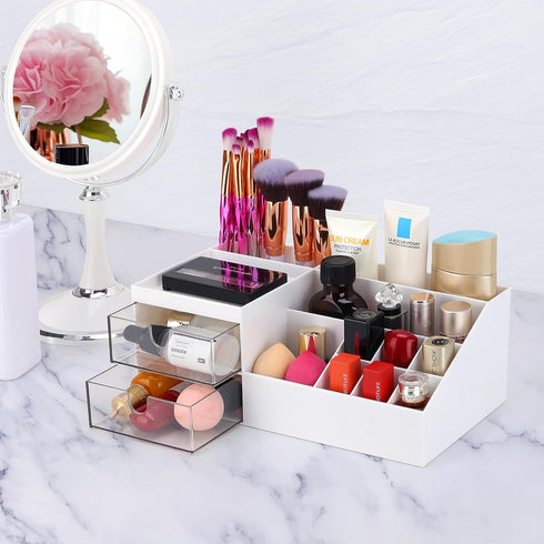 LETURE Desk Organizer, Cosmetic Makeup Vanity Organizer Box, Bathroom Counter Makeup Storage for Eyeshadows, Skin Care, Concealers, Powders, Nail Polish (White) by LETURE
