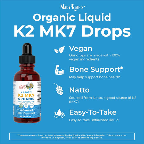 MaryRuth Organics USDA Organic Vitamin K2 MCT Liquid Drops for Adults & Kids | 100 mcg K2 MK7, 1oz
