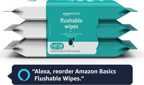 Amazon Basics Flushable Adult Toilet Wipes, Fragrance Free, 126 Count, 3 Packs of 42