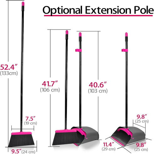 JEHONN Broom with Dustpan Combo Set, Long Handle Lightweight Indoor Broom Set, Upright Standing Dust Pan with Comb Teeth Store Sweep Set for Home Room Kitchen Office Lobby (Rose Red) by JEHONN