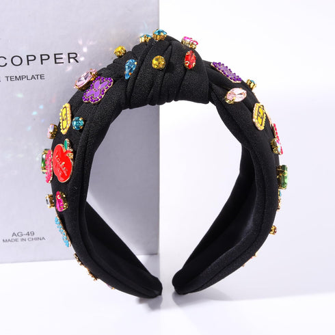 Teacher Headband Accessories, Colorful Rhinestone Crystal Jeweled Black Wide Top Knot Headband