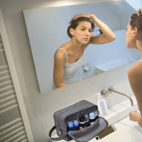 Toiletry Bag for Men, Water Resistant Hanging Dopp Kit, Small Shaving Bag for Traveling (Denim Grey)