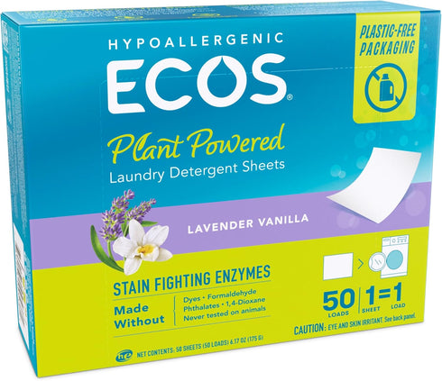 ECOS Laundry Detergent Sheets, No Plastic Jug for 50 Loads, Vegan, Liquid Free, Lavender, 50 Count