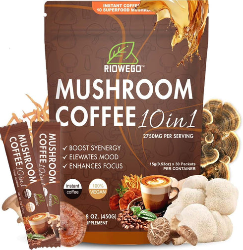 RIOWEGO Mushroom Coffee Powder,10-in-1 Mushroom Superfood Adaptogen Mix-Organic Lion's Mane, Chaga, Turkey Tail,