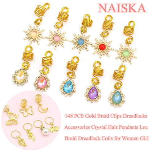 NAISKA 148Pcs Gold Hair Jewelry for Braids, Colorful Crystal Stone Dreadlocks Accessories for Women and Girls
