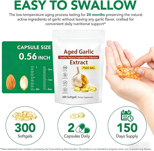 Yiishuiil 7500mg Immune 300 Aged Garlic Extract - Odorless, Organic Garlic Extract Capsules | Heart & Antioxidant