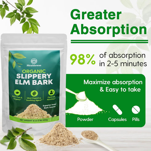 Meablewse 100% 1lb (349 Slippery Elm, Natural Herbs Slippery Elm Powder for Soothing Throat* & Digestive, Diarrhea, PH