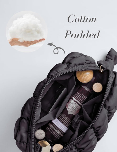 Quilted Makeup Bag, Travel Toiletry Bag for Women, Cute Black Puffer Makeup Organizer