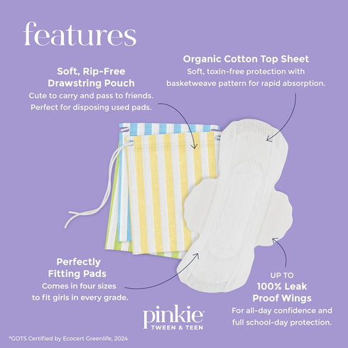 Pack, 18 Count Pinkie Period Starter Pads - Designed for Smaller Underwear - Organic Cotton Topsheet Tween & Teen Pads