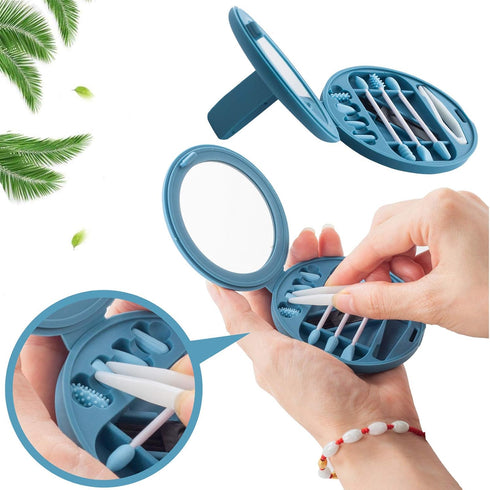 Strogem Reusable Cotton Swabs with Mirror - Makeup Application and Cleaning, Portable Washable Silicone Q-Tip (Blue)
