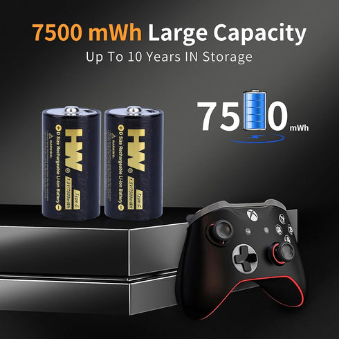 HW USB-C Rechargeable 1.5V Lithium D Batteries, 2-Pack 5000mAh/7500mWh Fast Charging with Over 1000 Cycles D Cell Long Lasting Lithium Batteries for Flashlight & floodlight