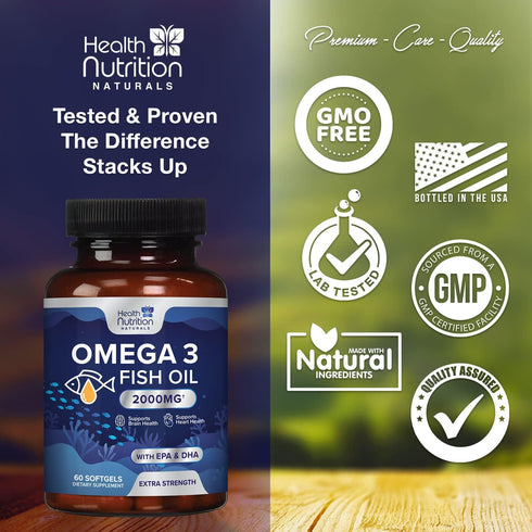 Omega 3 Fish Oil Triple Strength 2000 mg Softgels | 60 Fish Oil Softgels | Natural Brain Heart Joint Health & Immune