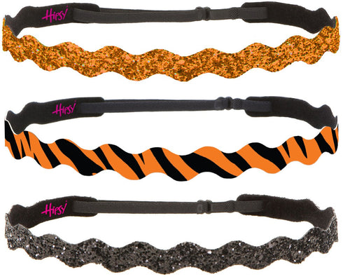 Hipsy Women's Adjustable No Slip Bling Glitter & Bengal Tiger Fashion Headband 3-pack (Wave Black/Tiger/Orange 3pk)